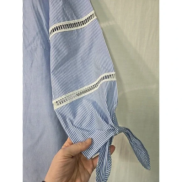 Talbots Cotton Striped Pullover‎ Blouse Blue & White Women's Large Cutouts Ties - Picture 2 of 7